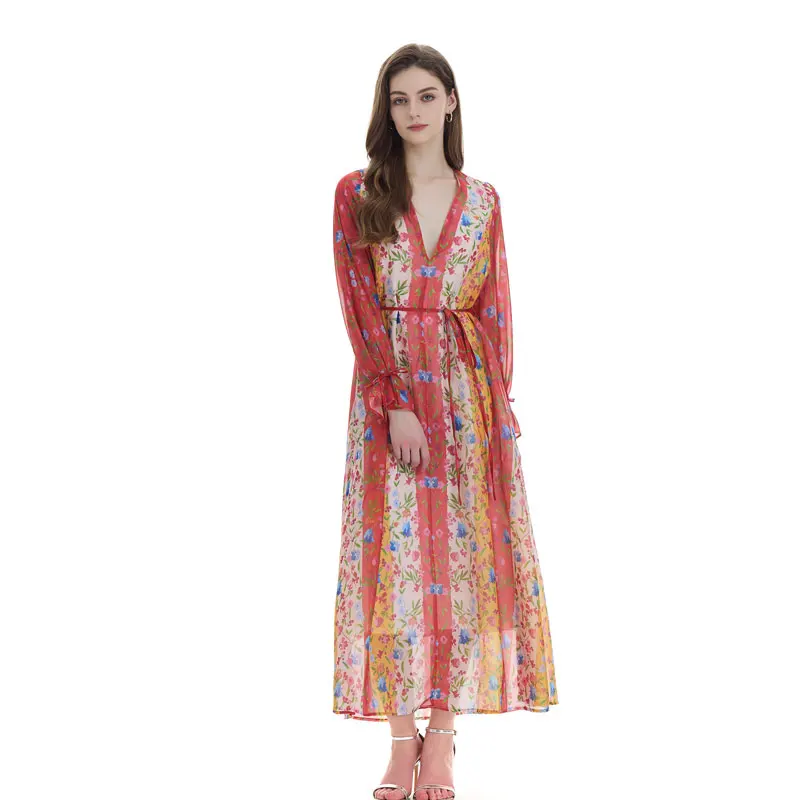 กระโปรงทรงเอเอวสูงผ้าโพลีเอสเตอร์ รุ่น Ele V-Ne Long Sve ทรงบาน เหมาะสำหรับใส่ในฤดูใบไม้ผลิ ฤดูร้อน ฤดูใบไม้ร่วง และฤดูหนาว