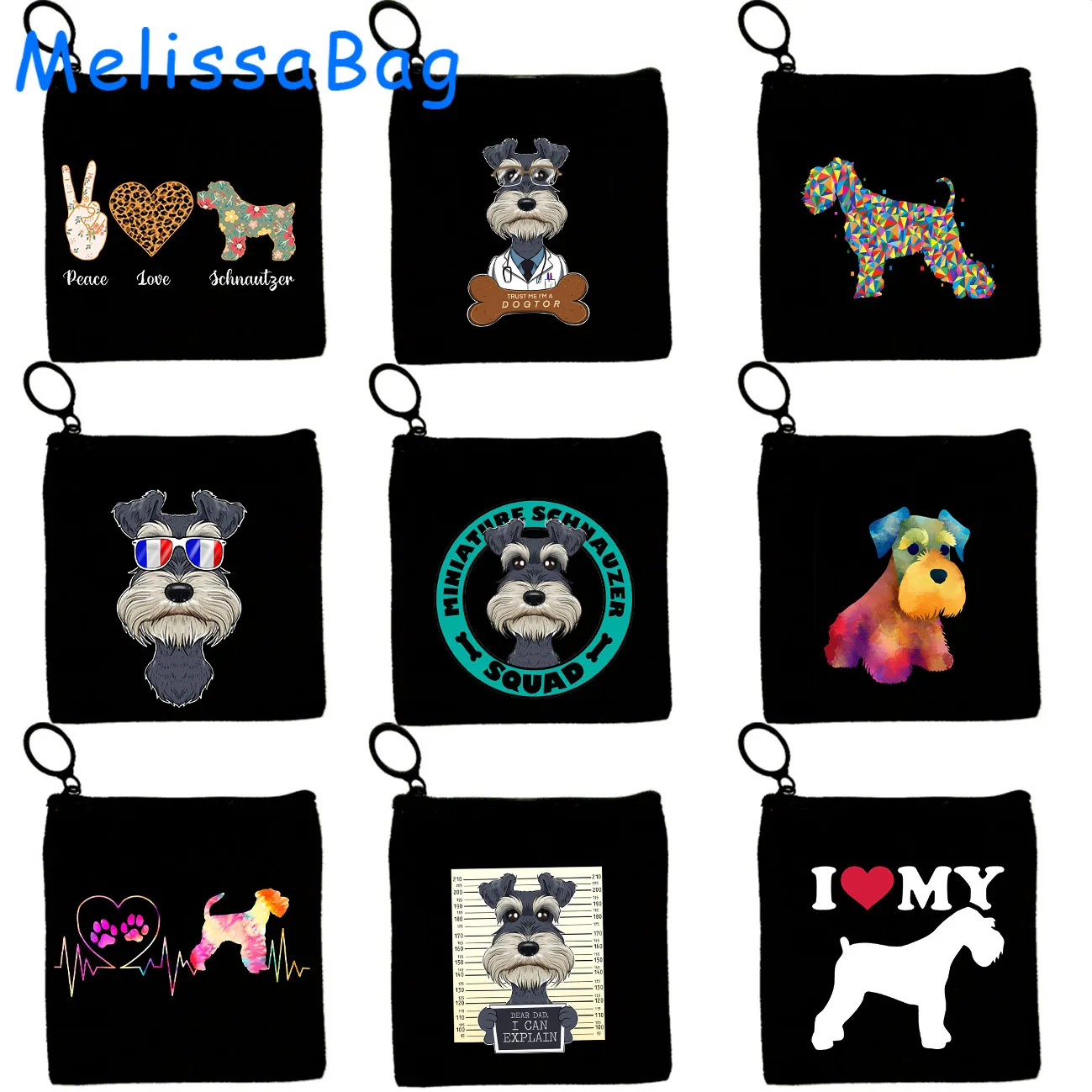 Cute Cartoon Miniature Schnauzer Dog Heart Flag Bubble Tea Kawaii Canvas Bag Coin Purse Key Case Storage Bag Wallet Zipper Pouch