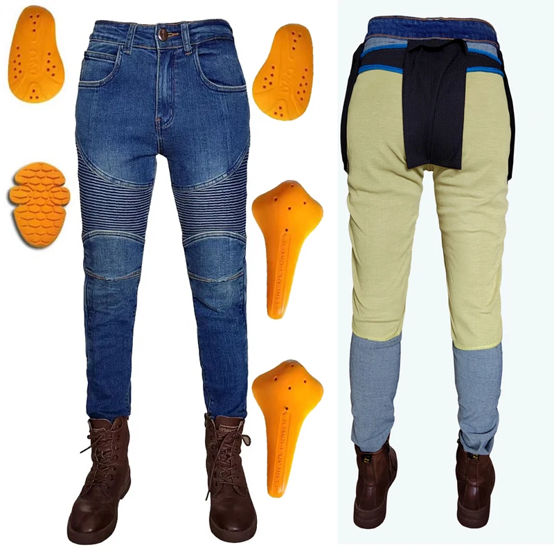 

Women's Kevlar Motorcycle Jeans Protective Riding Motocross Pants Blue Moto Trousers with Abrasion-Resistant Gear