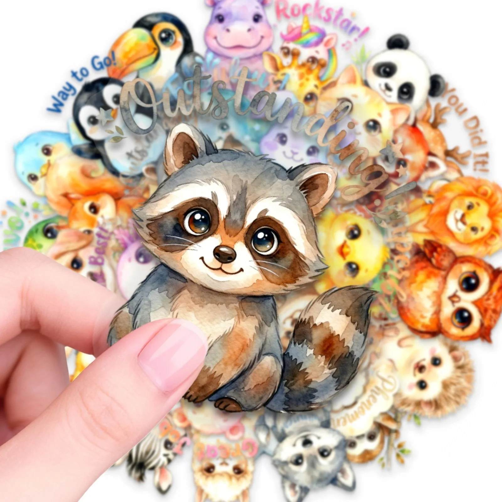 50PCS Cute Cartoon Pet Inspirational Quotes Stickers Set Watercolor Style Transparent PET Decals Kids Reward DIY Decoration