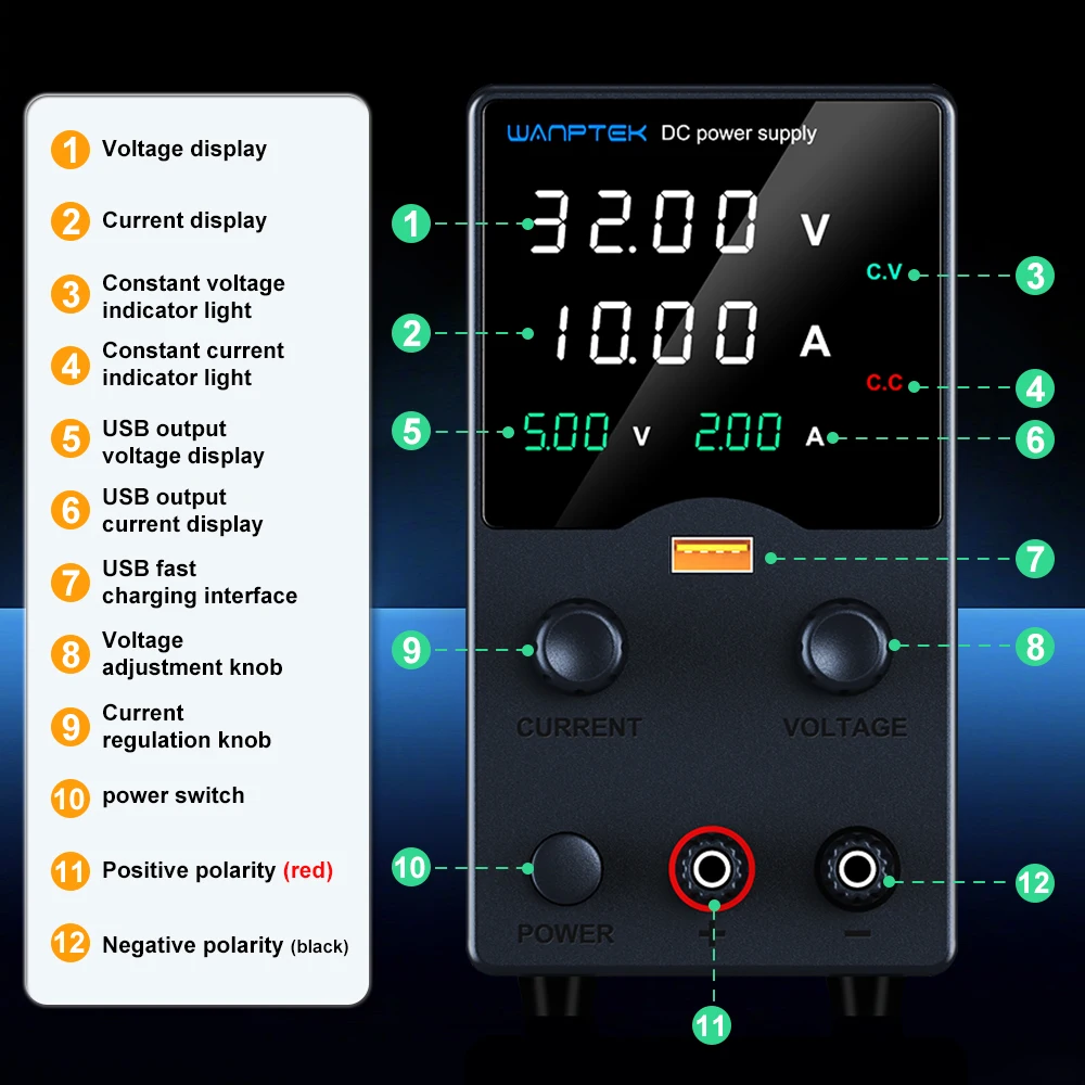 Wanptek Labornetzteil, einstellbar, 0–30 V, 0–10 A/0–60 V, 0–5 A/0–120 V, 0–3 A, mit USB-Ausgang, Display-Tisch, DC-Netzteil – Detail 3