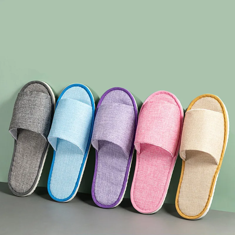 1/5Pairs Universal Hotel Slippers Thick Soled Solid Linen Slippers Set Sanitary Party Home Guest Use Footwear Wholesale Open Toe