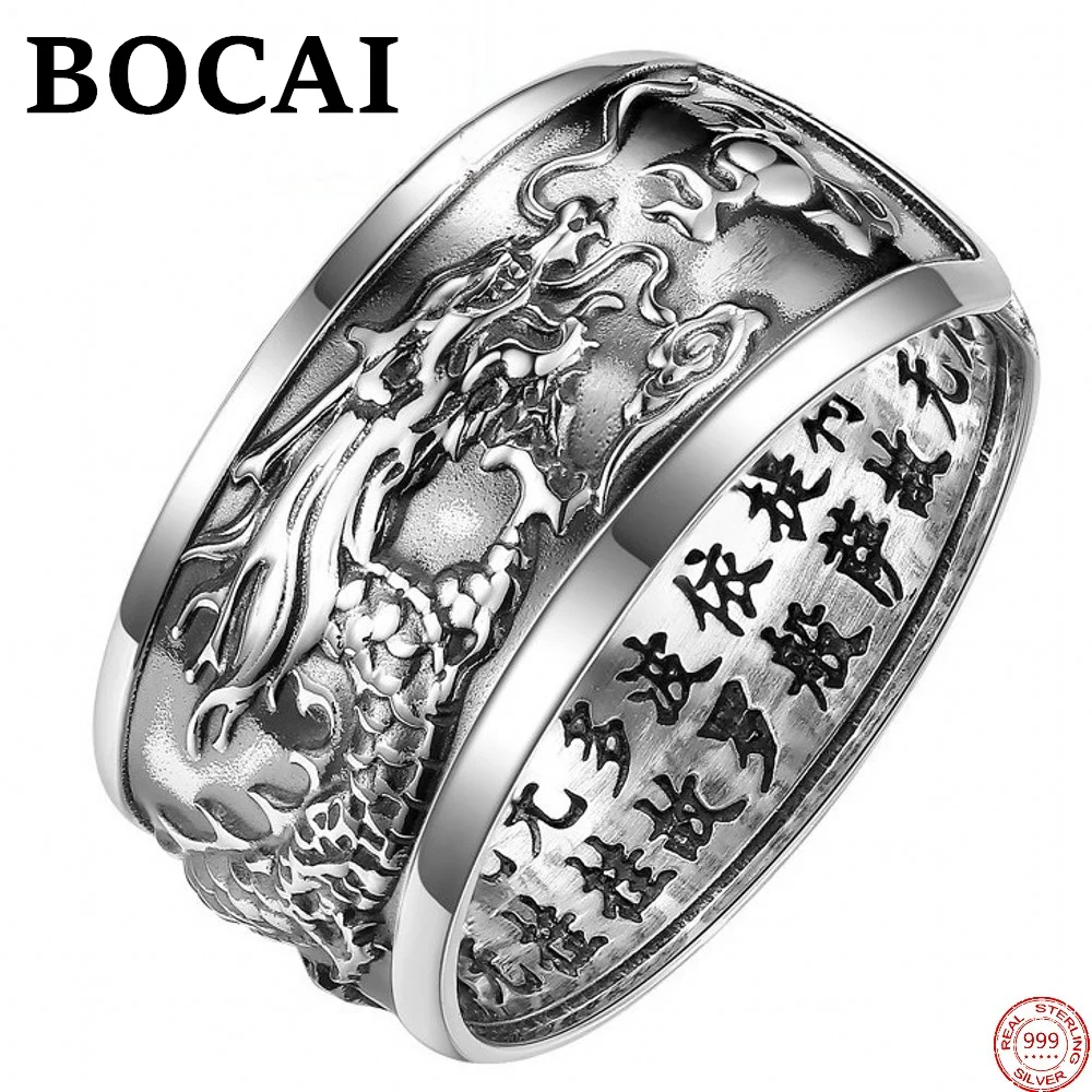 

BOCAI S999 Sterling Silver Rings Heart Sutra Fly Dragon Men's Fashion Personality Popular Pure Argentum Hand Ornament for Men