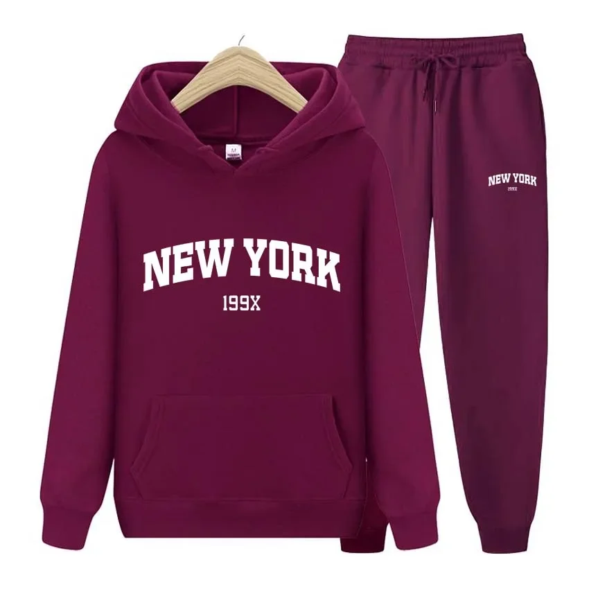 Men\'s and women\'s pants and sweater set, sportswear, running shoes, brand, New York print, autumn and winter, 2 pieces