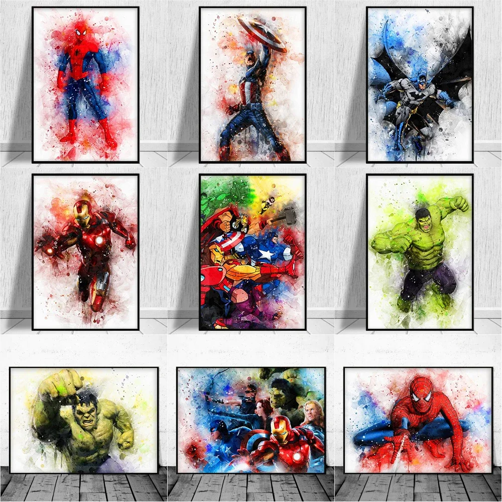 

Miniso Disney Marvel Watercolor Avengers Spiderman Ironman Poster Print Superhero Canvas Painting Wall Art Living Room Decor