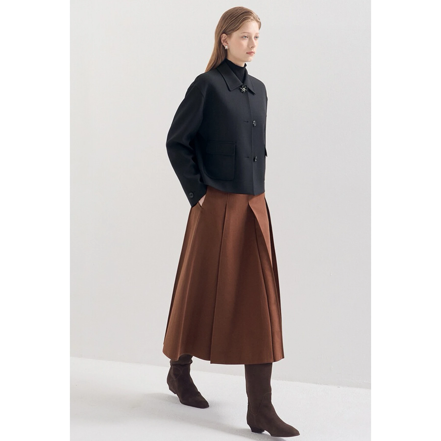 Lemon CheeseLAN25 Autumn Commute Sle ort Woolen Coat Button-Up Collar Jaet Versatile Simple Design Ladies Outerwear