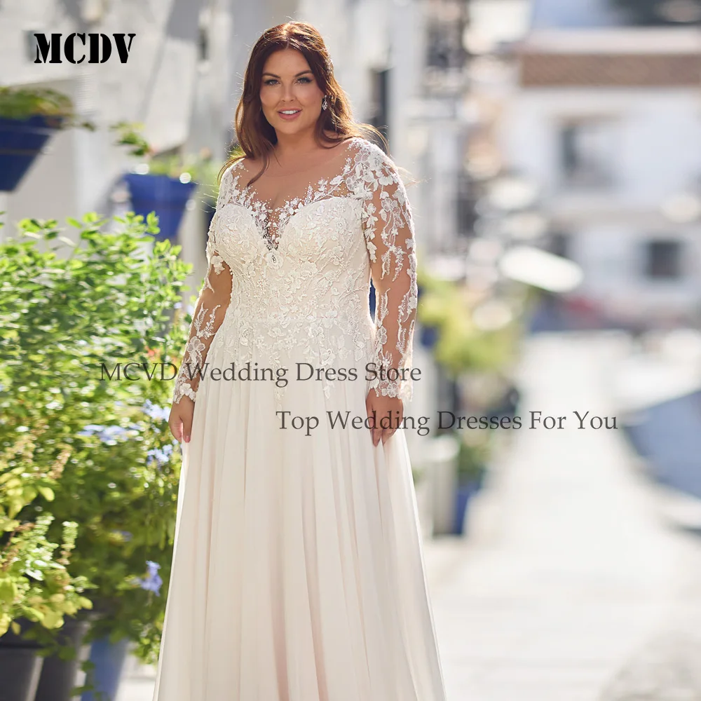 

MCDV Plus Size Civil Wedding Dresses Full Sleeve Scoop Neck Applique Chiffon Bride Gowns For Women robe de mariée Customized