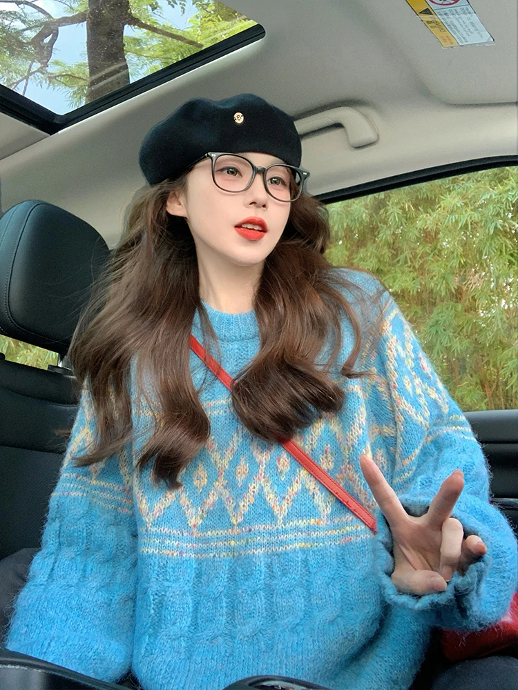 ヴィンテージブルーケーブルニットセーター女性韓国秋冬肥厚モヘアアーガイルプルオーバークルーネックコントラストジャカードニットトップ