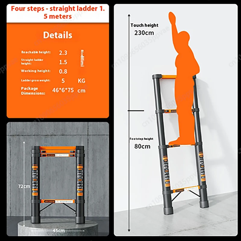 Tangga Teleskopik Baja Karbon Serbaguna Dengan Fungsi Lipat Dan Alas Kaki Anti Selip Untuk Penggunaan Dalam Dan Luar Ruangan
