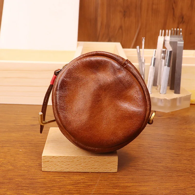 Porte-monnaie en cuir de vache véritable rétro fabriqué à la main rond vieilli sac de monnaie de changement personnalisé pour les femmes marron petit étui pour écouteurs