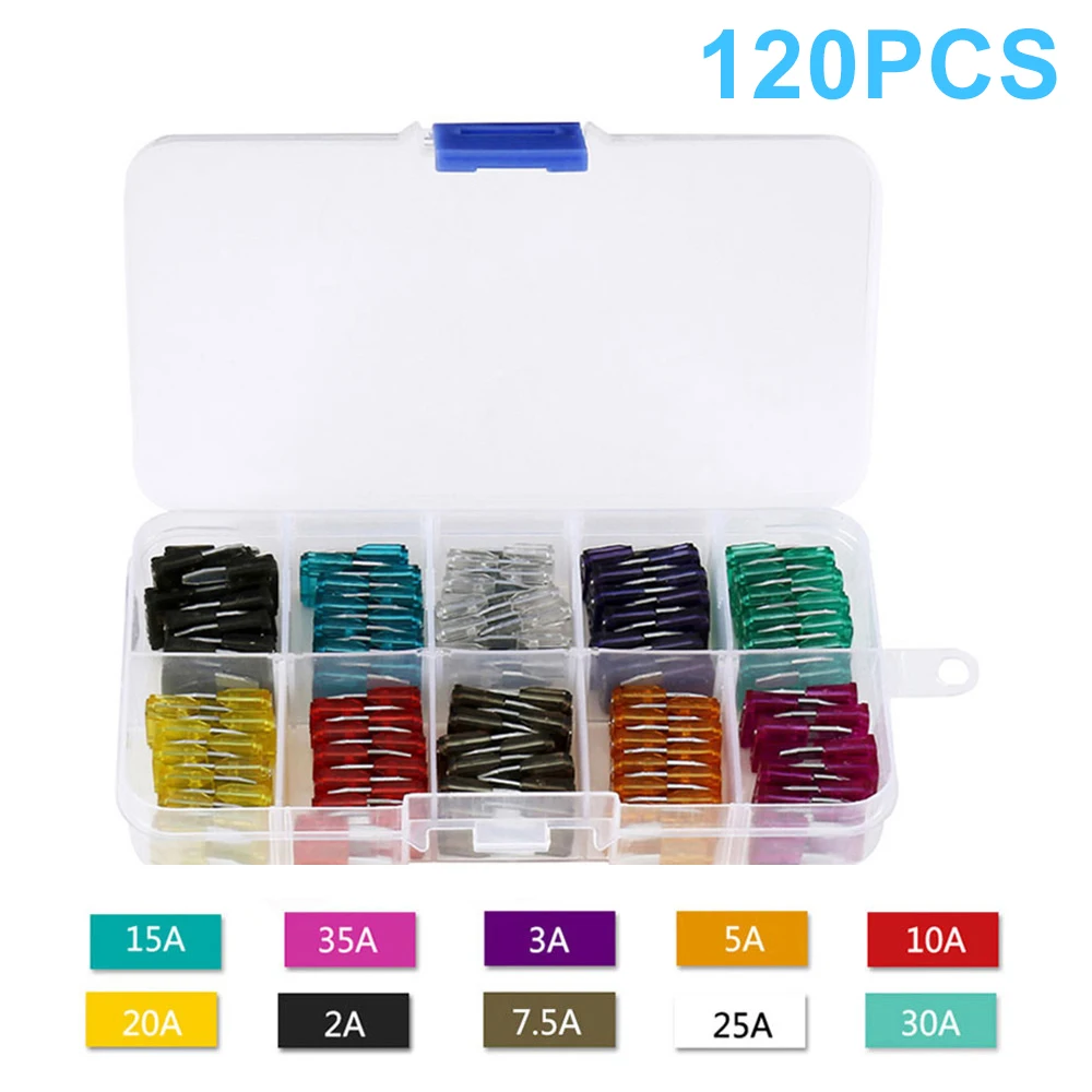 120Pcs Blade Fuses Assortment Kit 2/3/5/7.5/10/15/20/25/30/35A Colorful Replacement Automotive Fuses Mini Standard Blade Fuse wi