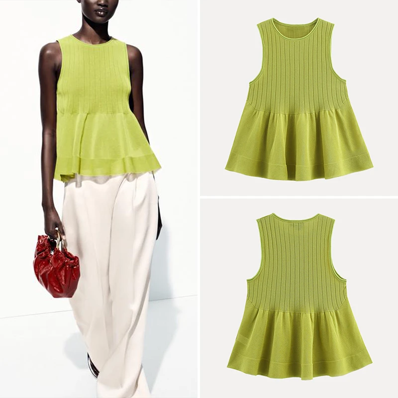 

Summer 2025 Women's Knitted Decorative Hem Layered Top Polyester Fiber Loose Fit round Ne ort Sve Color Z