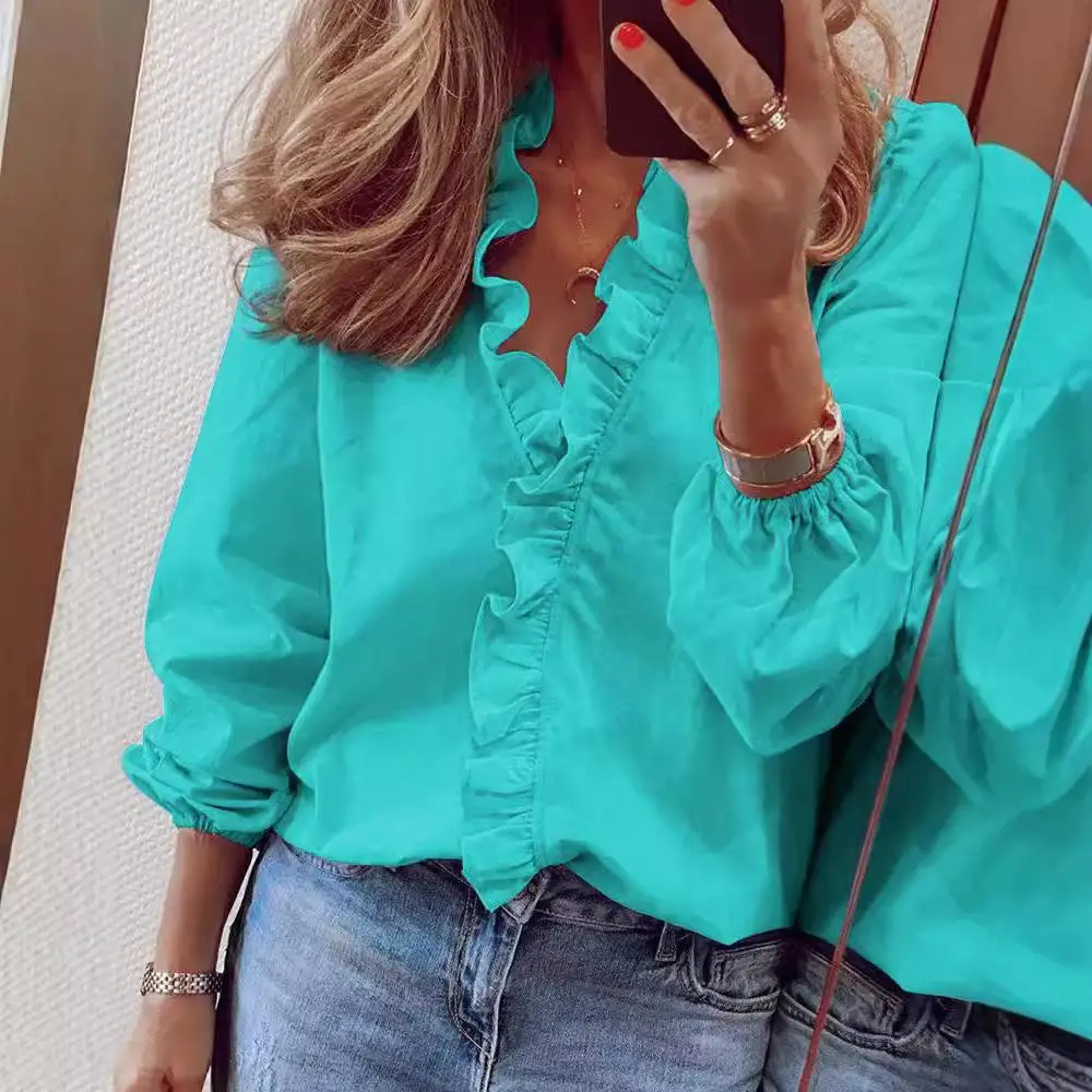 Csa Larga con Volantes para Mujer, Manga Regular de Poliéster, Fibra de Poliéster No Deformable, Estampado de Color Puro, ...