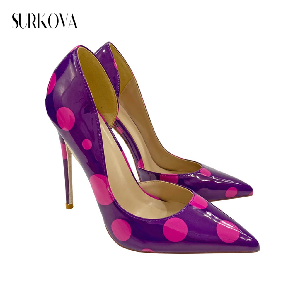 

Purple Round Polka Dot Point Toe Woman High Heels Pumps Fashion Pu Genuine Leather Ladies Thin High Heels Prom Party Women Shoes