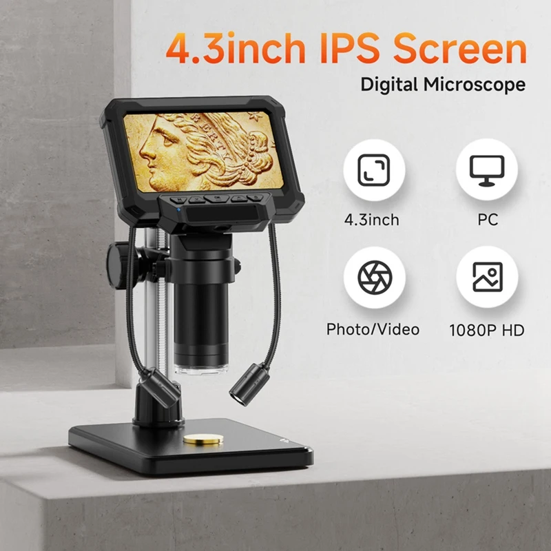 4.3inch Microscope Digital Coin Microscope 1200X Coin Magnifier with Lights 1920P HD Microscope for PCB Repair-A50M