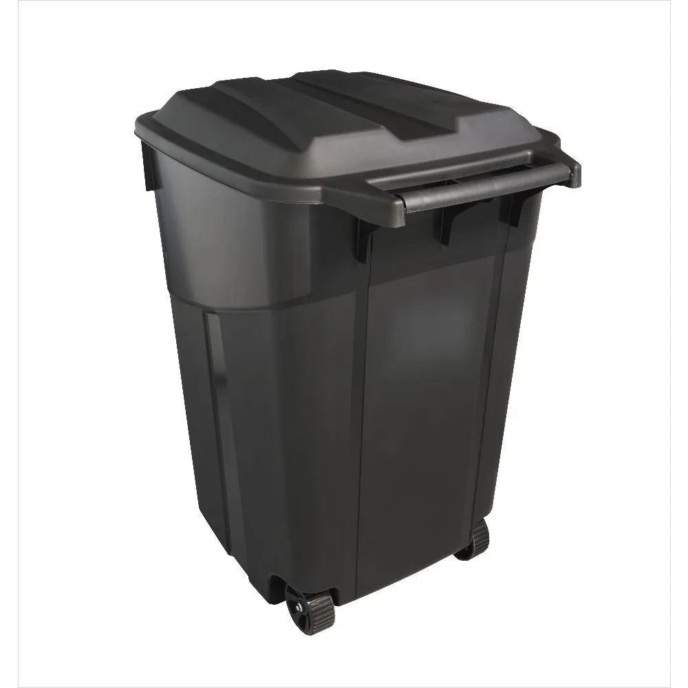

45 Gallon Heavy Duty Plastic Garbage Can with Wheels Attached Lid Black Outdoor Indoor Large Trash Bin Durable