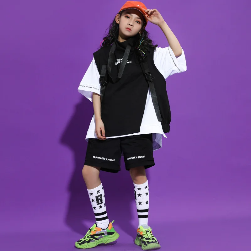 Tuta hip-hop per bambini Ragazzi larghi e belli passerella Jazz Dance Pantaloncini neri a maniche corte