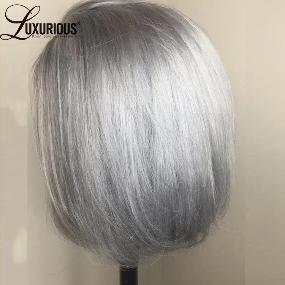 Wig Bob Pendek Potongan Pixie Abu-abu Wig Rambut Manusia Renda Depan untuk Wanita Wig Frontal Renda Transparan 613 Rambut Putih Remy Peruvian 150%