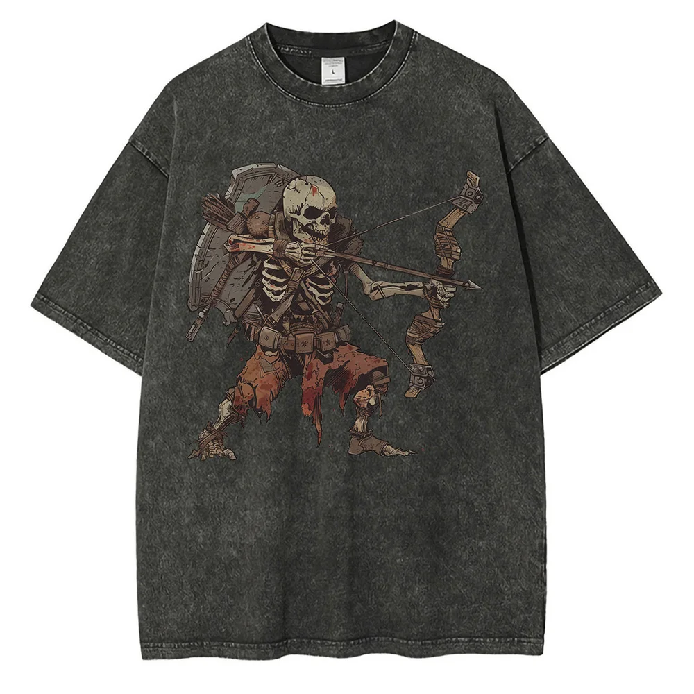 Skeleton Undead Warrior Graphic T Shirts Dark Dungeon Comic Print Oversized Men‘s T-shirt Retro Distressed Washed Cotton Tops