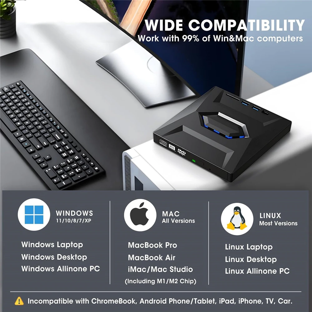 USB 3.0 Typ C Externes CD-DVD-Laufwerk mit USB HUB Typ-C SD-Kartenleser, CD DVD RW ROM Disk Player Brenner Leser Writer Adapter – Detail 14