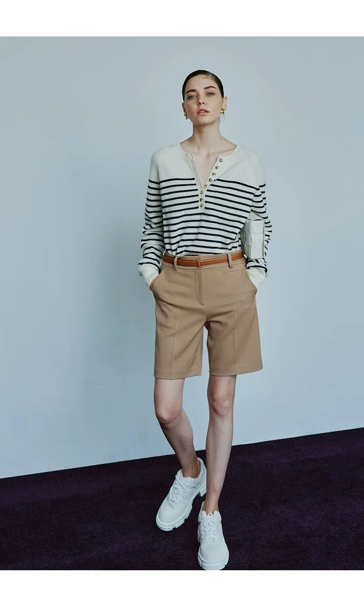 French crew-neck sweater Women's half-open neck breasted horizontal striped long sleeve pullover cashmere sweater loose knit top