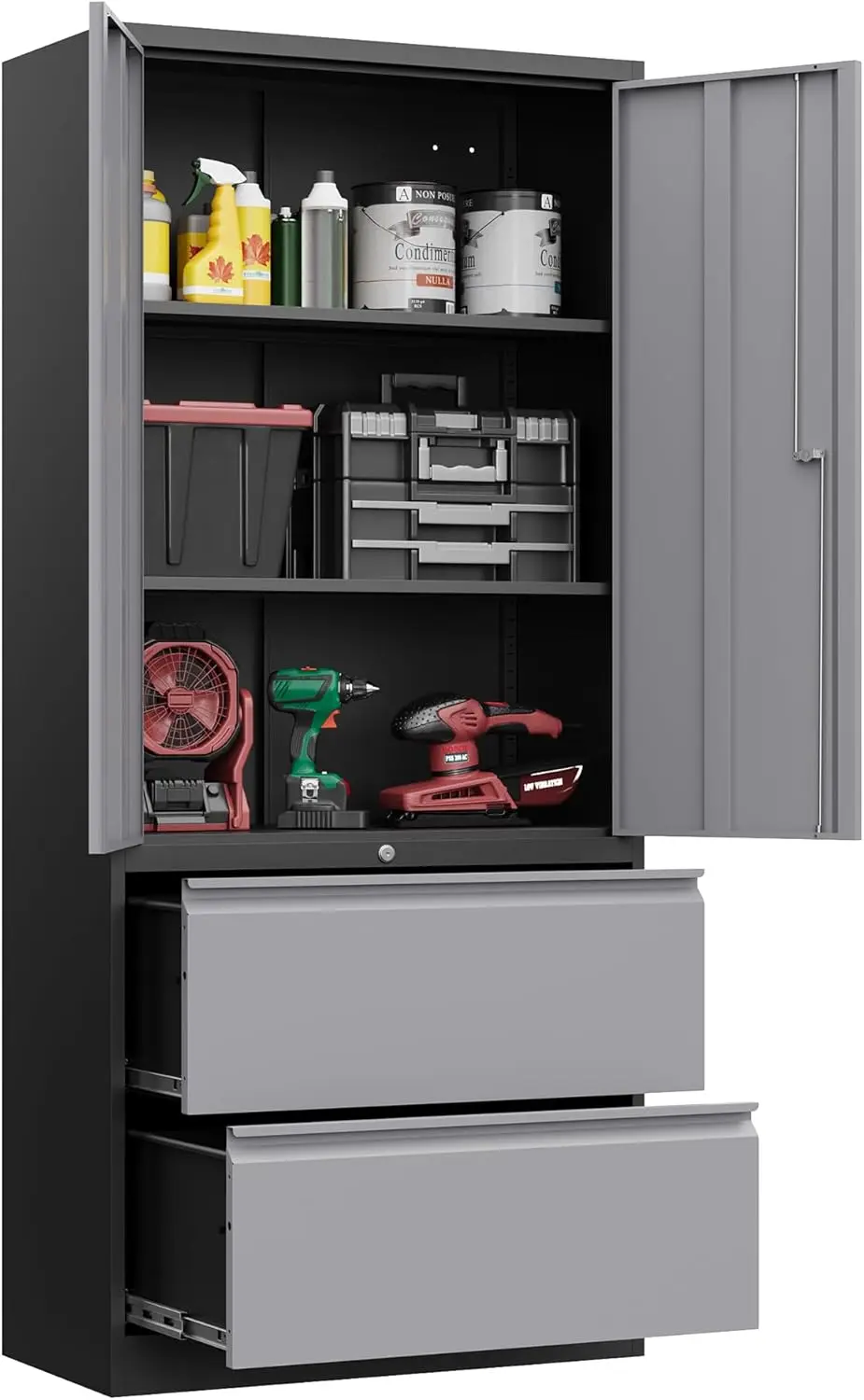 

Metal Storage Cabinet with Lock - Large Lockable Garage Tool Cabinet with Drawers and Shelves - Tall Steel Heavy-Duty Cabine