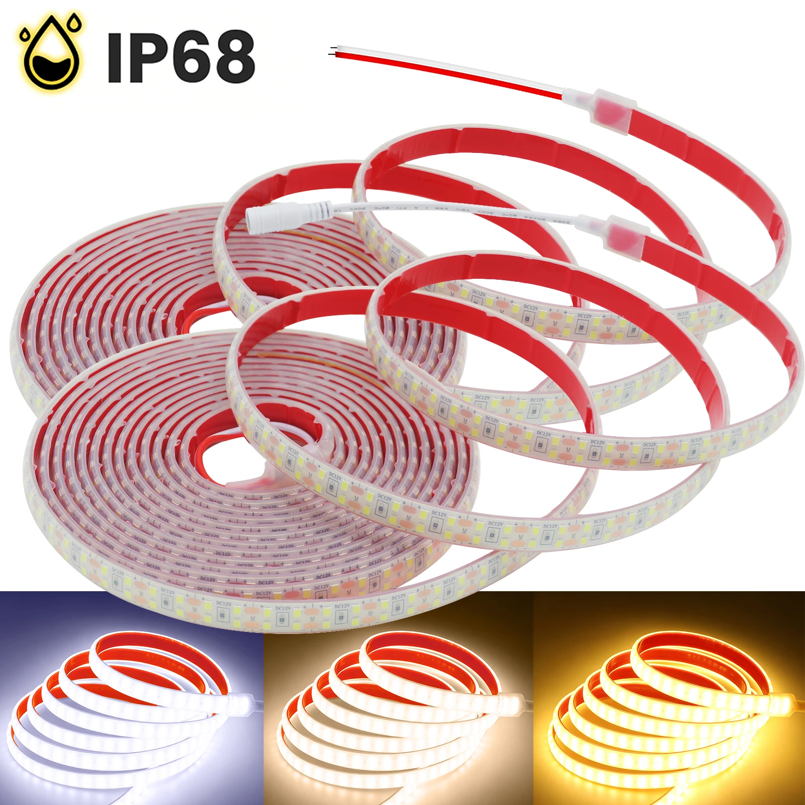 Super Bright Double Row 2835 LED Strip DC12V 24V 240LEDs/m IP68 Waterproof Self‑adhesive Flexible Tape for Indoor Outdoor Decor