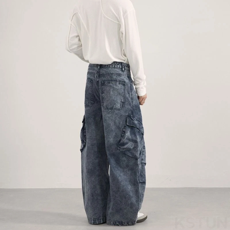 KSTUN فضفاض الجينز الرجال واسعة الساق فضفاضة تناسب منحني السراويل المتضخم الأمريكية خمر البضائع السراويل جيوب متعددة كامل طول السراويل #3