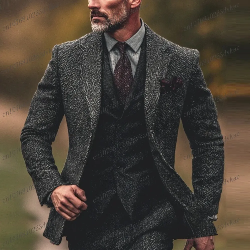 Dark Grey Herringbone Men Suit Wedding Party Formal Groom Groomsman Prom Business Male Tuxedos 3 Piece Set Jacket Vest Pants