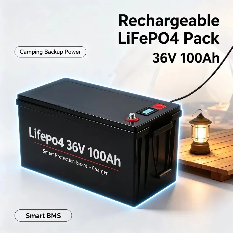 36V LiFePO4 100Ah Lithium Battery Pack With BMS and 43.8V 10A Charger For Boat Trolling Motor Off-Grid Solar Energy Storage