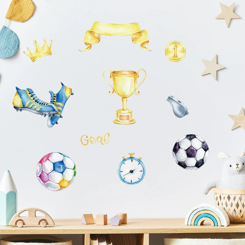 Watercolor Football Game Elements Prize Cup Soccer Wall Stickers for Kids Room Baby Nursery Room Wall Decals Play Room Decor PVC