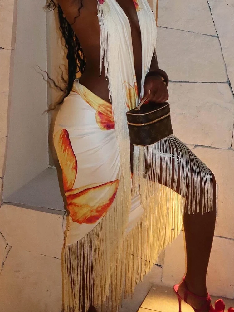 

Whatiwear Flower Print 2 Piece Set Woman Tassel Decoration Halter Low-Neck Backless Tops+Mid Splits Skirts Sexy Fashion Clubwear