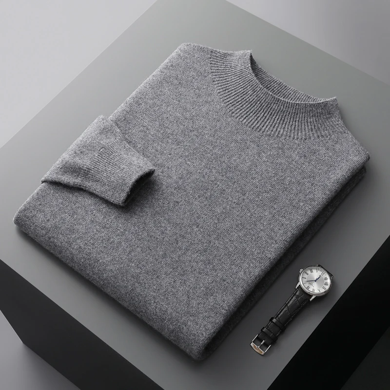 Autumn and winter new semi-high collar men's cashmere sweater solid color loose 100% pure wool Joker sweater