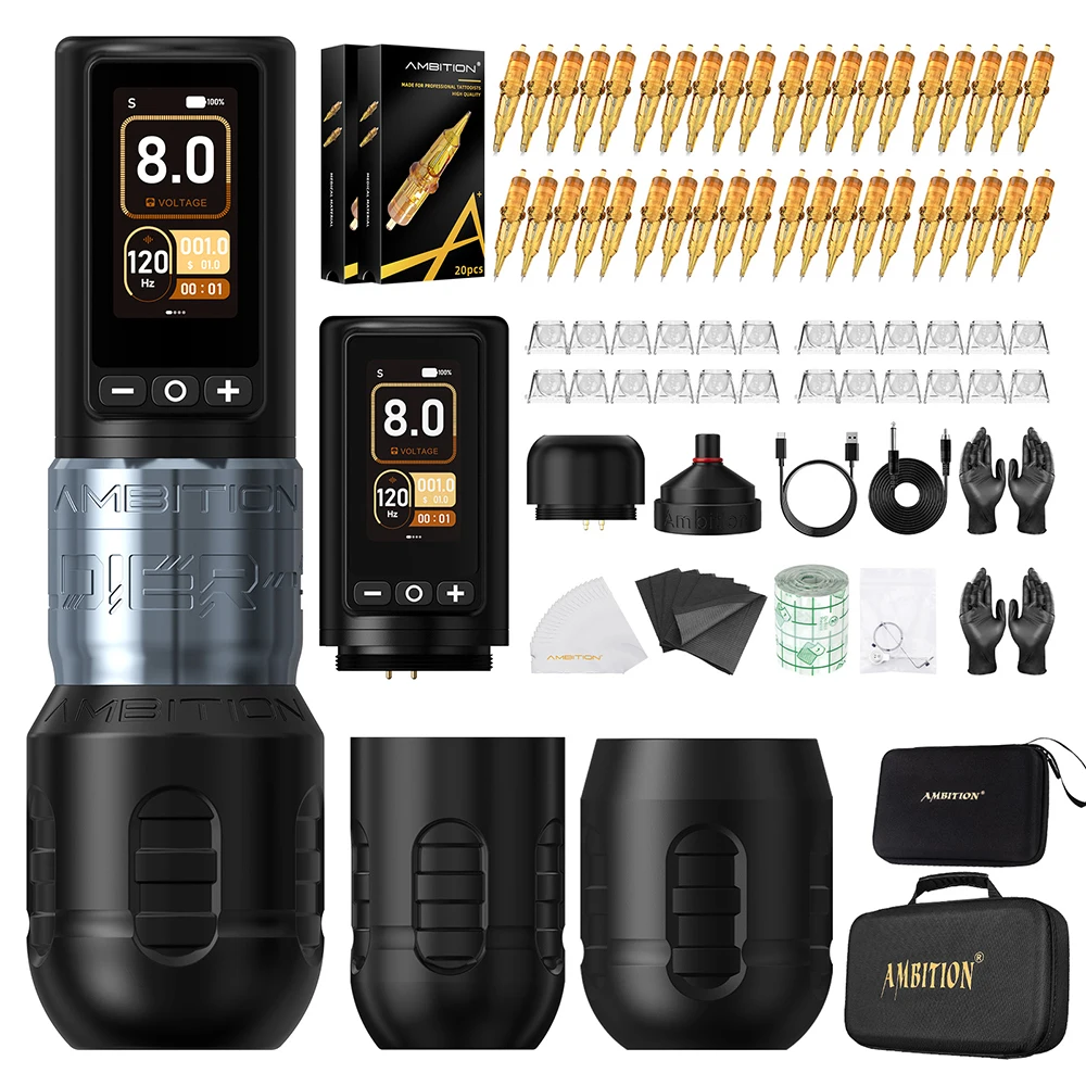 Ambitie Soldier270 Kit Draadloze Tattoo Machine Slagpen 4.0 + 4.5mm Professionele Borstelloze Motor 2400mAh Batterij Grip 34 + 42mm