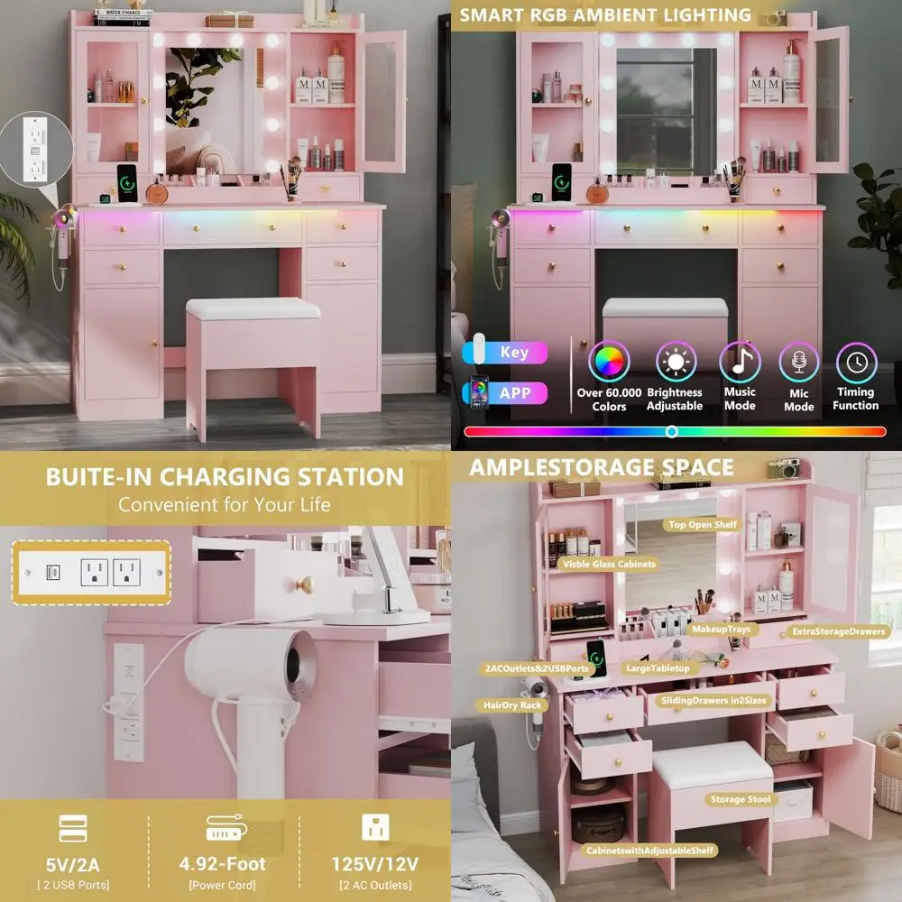 Illuminated Makeup Vanity Desk with Mirror, Storage, Charging and Seating, Large Dressing Table with RGB Lighting
