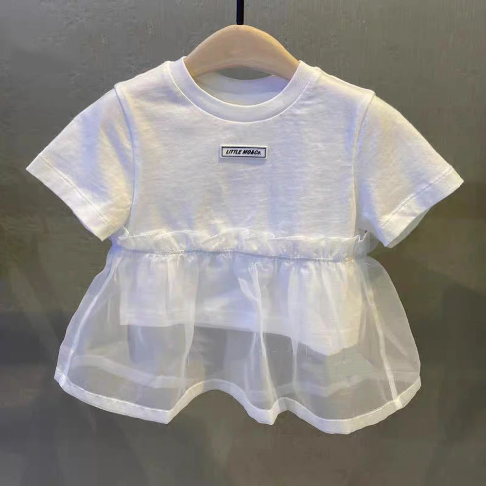 

2-7T Simple Solid Children's T-shirt Girl's Summer Korean Fashion O-neck Short Sleeves Letter Print Spliced Puff Mesh Hem Top