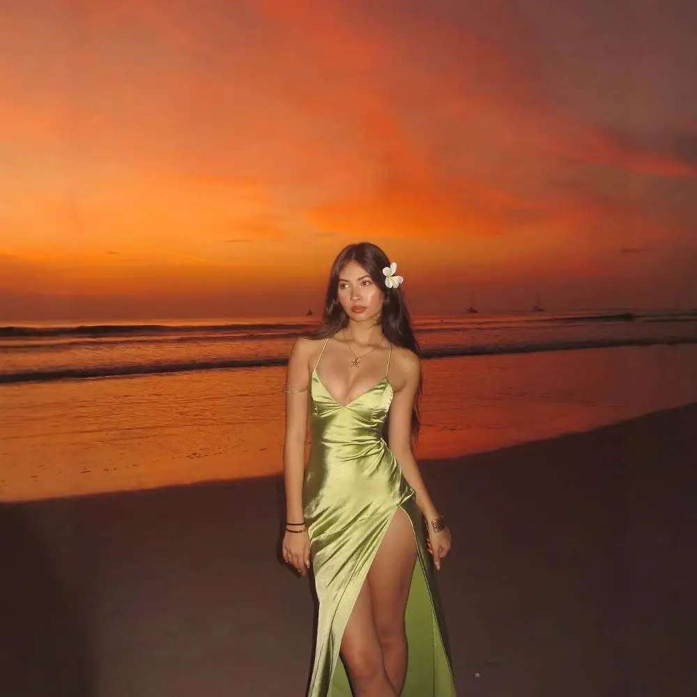 تنورة صيف 2025 Ele Satin Bal Midi Dr V-Ne ذات فتحة عالية الخصر Svel Tee-acetate Fiber Ciwalk Dr