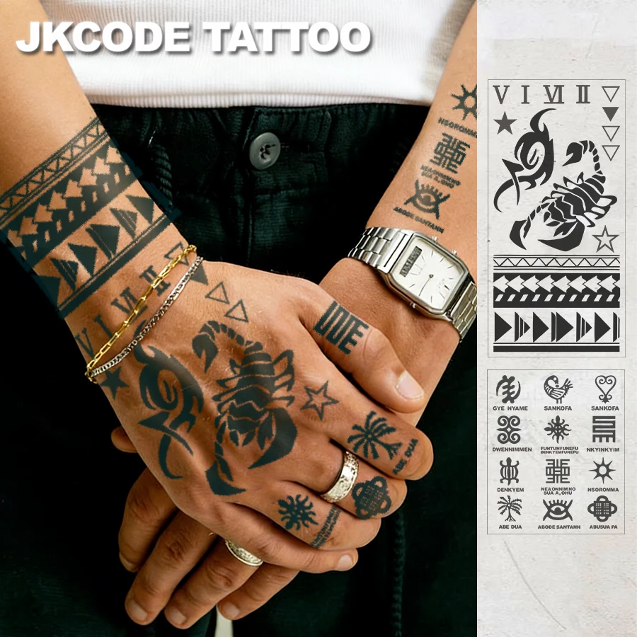 2 個の大型半永久タトゥーステッカー |     部族のトーテム、サソリ、幾何学模様の腕章デザイン |     防水ユニセックスボディアートステッカー、模擬タトゥー、植物テーマ、魔法のパターン、指のタトゥー、1～2週間持続します