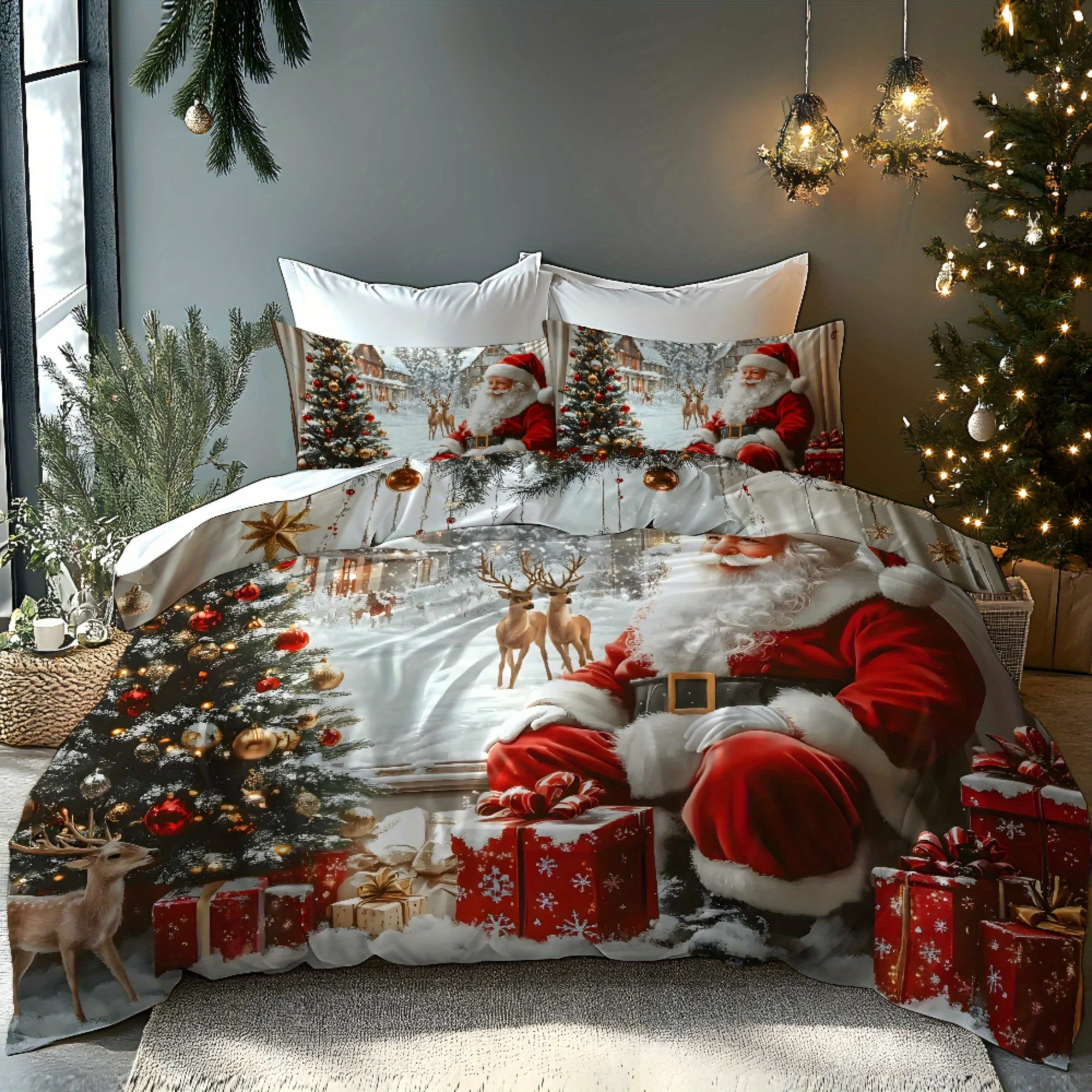 Christmas Santa Claus Sleigh Reindeer Christmas Tree Santa Claus Snow Cabin Pattern Soft Brushed Printing Quilt Cover Bedding