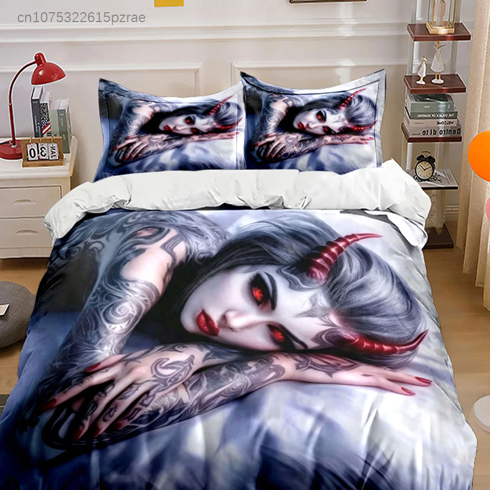 Dark Fantasy Demon Bedding Set Gothic Horned Tattoo Girl Print Duvet Cover Pillowcases Black & Red Theme Bed Linen