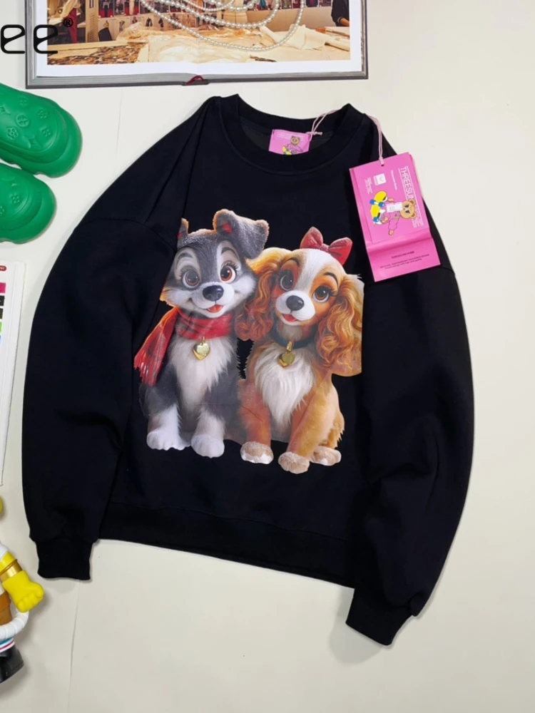 Retro American Style Cartoon Puppy Print Casual Loose Sweatshirts Female 2024 Autumn New Round Neck Long Sleeve Hoodies Women