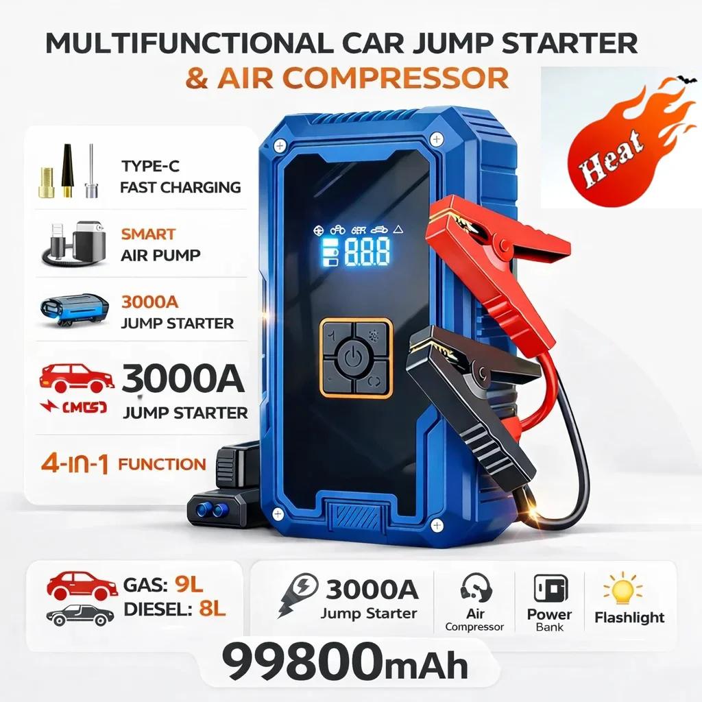 

3000A Car Jump Starter 99800mAh 150PSI Air Compressor 4 in 1 12V Battery Booster Portable Power Bank LED Emergency Light