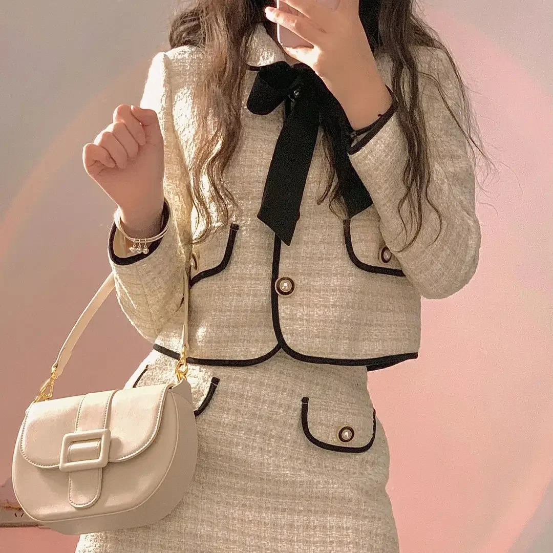 Ensemble deux pièces Vintage français pour femmes, manteau court avec nœud Chic + Mini jupe, nouveau ensemble élégant de Style Y2k de rue japonais