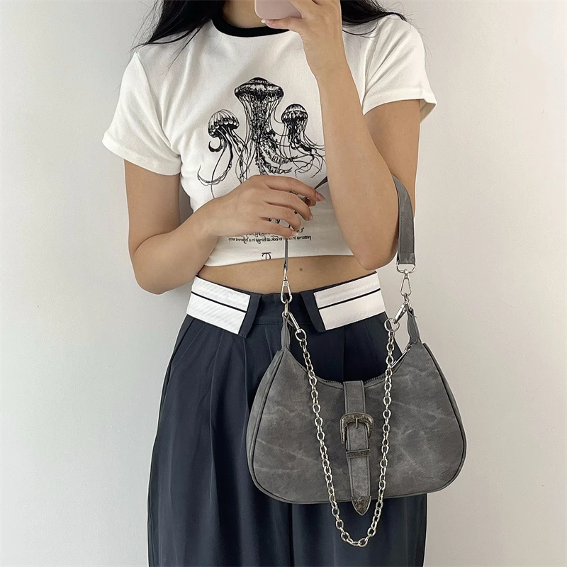 Vintage Gray Underarm Bags for Women Fashion Cool Girls All-match Chain Single Shoulder Bag High Quality Female Totes