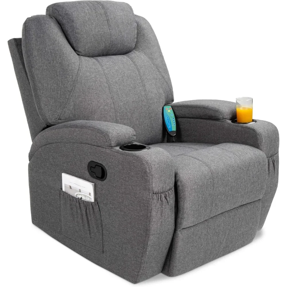 

Linen Fabric Swivel Electric Massage Recliner Chair W/Remote Control, 5 Heat & Vibration Modes, 2 Cup Holders, 4 Pockets - Gray