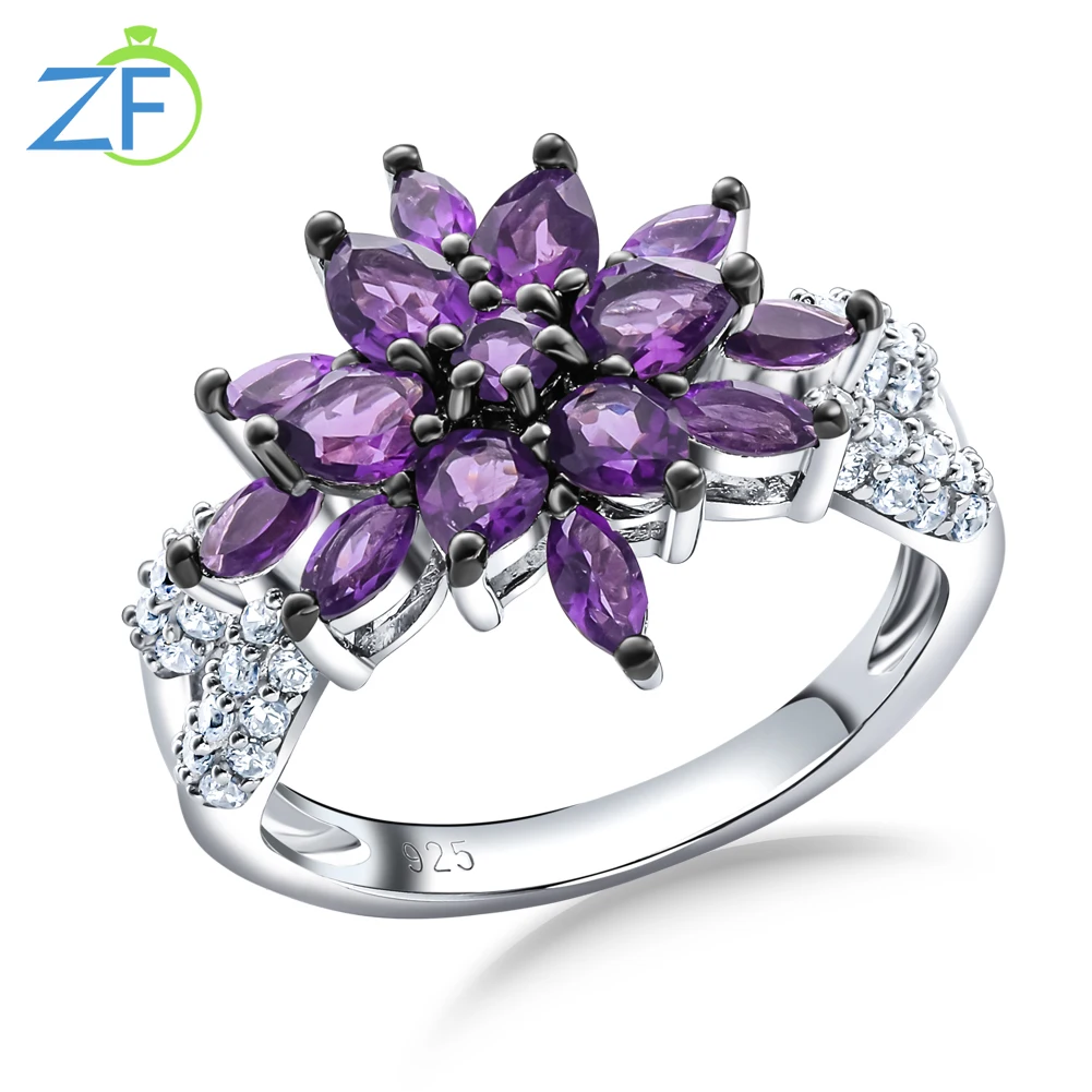 

GZ ZONGFA 925 Sterling Silver Chrome Diopside Amethyst Snowflower Shape Ring Women Luxury Party Birthday Wedding Jewelry Gifts