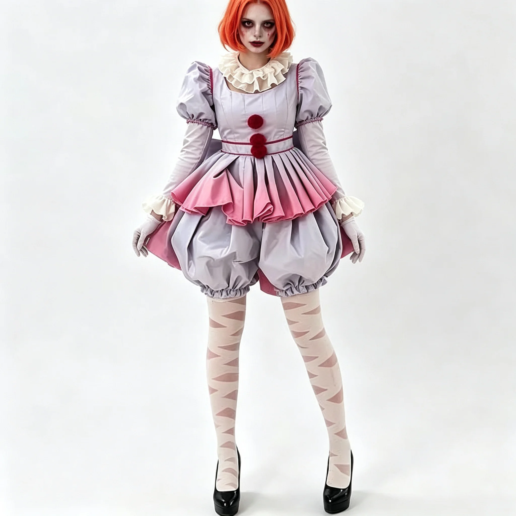 Disfraz de Payaso Malvado para Mujer, Vestido Gris con Mangas Abullonadas y Volantes, con Lazo de Pompones Rojos y Guantes, Disfraz de Carnaval de Halloween