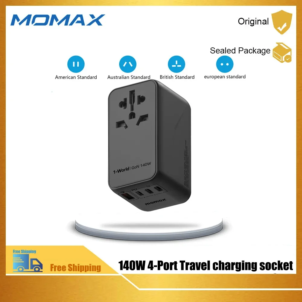 MOMAX 140W Universal Travel Adapter, GaN Technology, EU/UK/AUS/US/JP Worldwide, Fast Charging for IPhone, MacBook Pro,