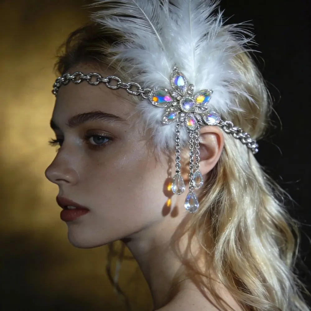 Vintage Gatsby-Style Feather Headband Fascinator Crystal Masquerade Hair Band Sequin Makeup Party 1920s Hair Accessories Women view 4