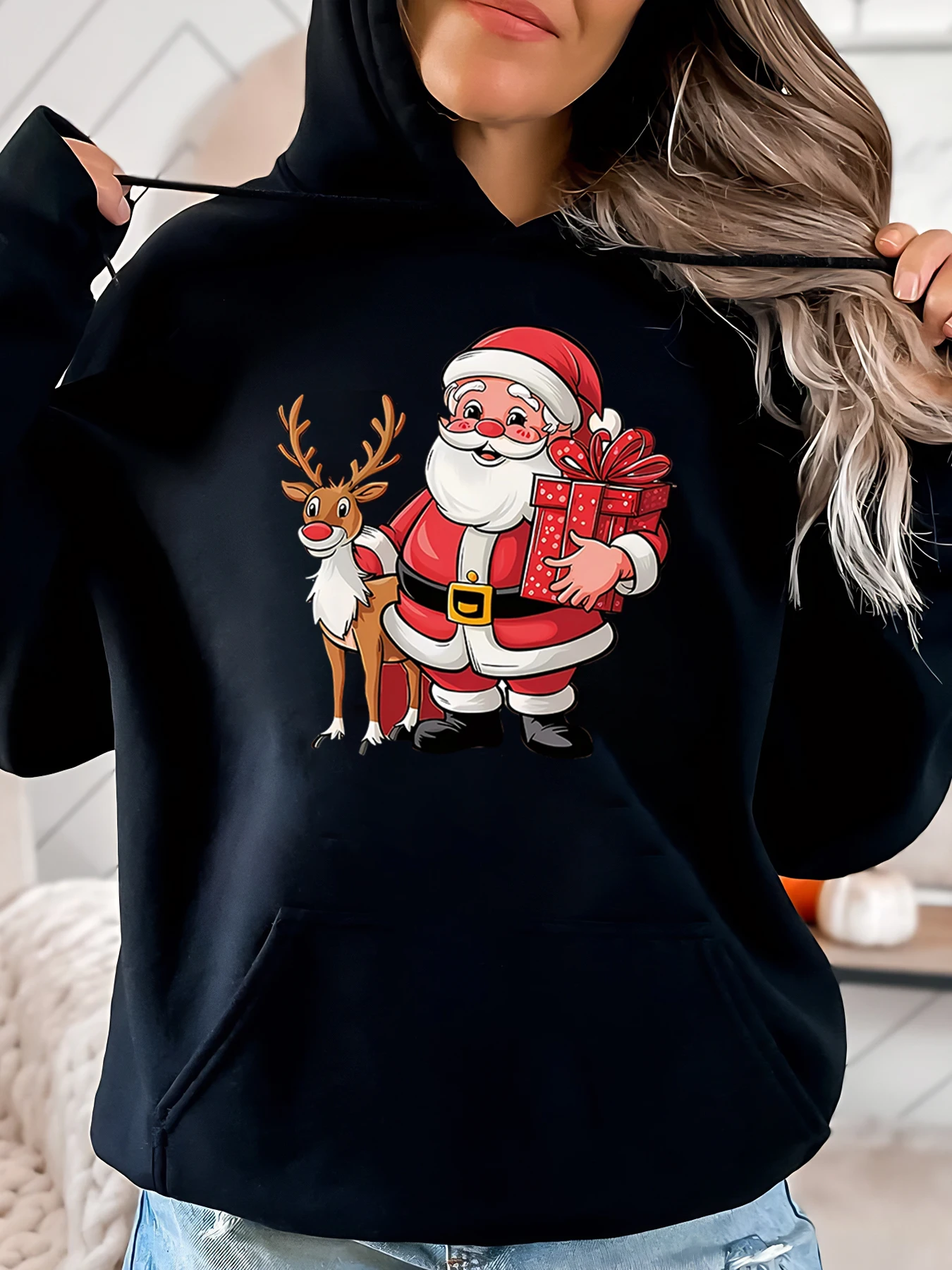 Santa Claus with Reindeer Christmas Print Hoodie Women Casual Winter Holiday Wear Black Plus-Size